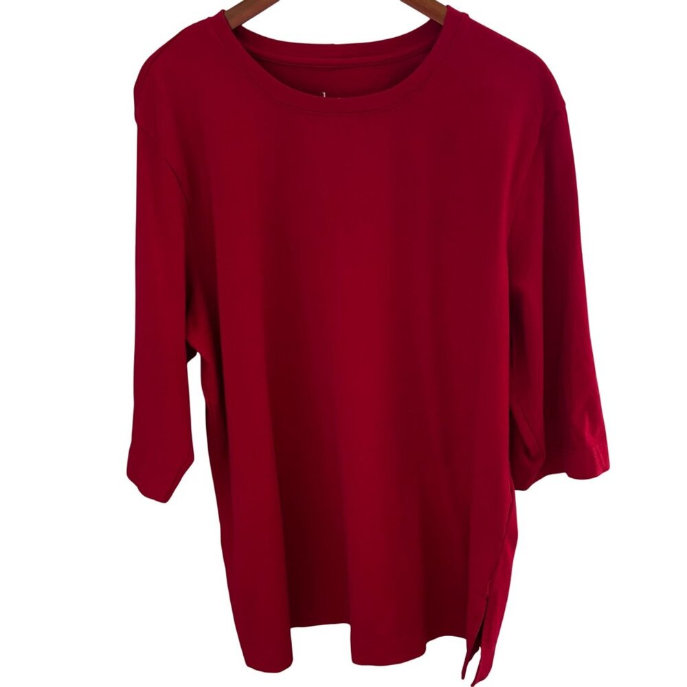 Denim & Co Red Cotton Crew Neck Pullover Tunic Top Sz XL Tab Roll Elbow Sleeves
